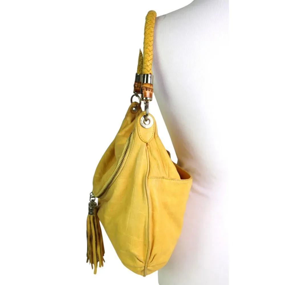 ROOMY Elaine Turner TOOLED YELLOW REAL LEATHER TASSELS SHOULDER BAG HOBO HANDBAG